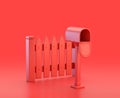 Garden fence and mailbox  in red background, monochrome single color red 3d Icon, 3d rendering Royalty Free Stock Photo