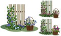 Garden fence set with wicker baskets, flowers, leaves, greenery.