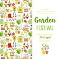 Garden festival banner poster template design. Garden care icons invitationholiday invitation. Cartoon flat style vector Royalty Free Stock Photo