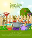 Garden festival banner, poster vector illustration. Tools for gardening such as wheelbarrow, trowel, fork hoe, boots Royalty Free Stock Photo