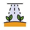 Plant growth, seedling watering agriculture icon. Harvest cultivation vector pictogram with rain, water drops falling on sprout.