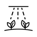 Plant growth, seedling watering agriculture line icon. Harvest cultivation line vector pictogram with rain, water drops falling on