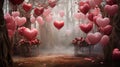 A garden filled with heart balloons of various sizes, creating a dreamy backdrop for a Valentine\'s Day event