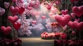 A garden filled with heart balloons of various sizes, creating a dreamy backdrop for a Valentine\'s Day event