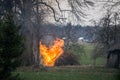 Garden fire flames with smoke, burning tree waste Royalty Free Stock Photo