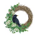 Garden floral wreath with blackbird. Watercolor painted illustration. Round rustic twisted vine wreath with ivy and