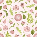 Garden flower, plants, botanical, seamless vector design for fashion, fabric, wallpaper. Small colorful flowers.