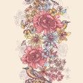 Garden flowers and birds vertical seamless ribbon