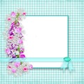 Garden Flowers bordering graphic gingham background with ribbon and faux gem Royalty Free Stock Photo