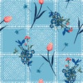 Garden flowers on hand drawn window check or grid seamless pattern vector scatter repeat for fashion,fabric ,and all prints