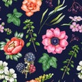 Garden flowers, natural elements seamless pattern. Watercolor painted illustration. Bright floral ornament on dark