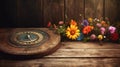 Garden flowers over Sundial wooden table background. Generative AI