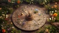 Garden flowers over Sundial wooden table background. Generative AI