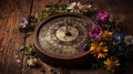 Garden flowers over Sundial wooden table background. Generative AI