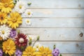 Garden flowers over wooden background stock photo Springtime