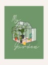 Garden, flowers and plants at home and outdoor. Glass greenhouse, home garden