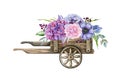 Garden flowers in wooden vintage wheel cart decoration. Watercolor illustration. Hand drawn rustic style floral decor