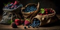 Garden, forest fruit in linen or paper bags. Set of fresh blackberries, blueberries, strawberries in a dark arrangement.