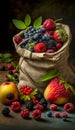 Garden, forest fruit in linen or paper bags. Set of fresh blackberries, blueberries, strawberries in a dark arrangement.