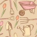Garden fork, barrow, watering can and shovel, seamless pattern