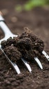 garden fork digging rich dark soil with roots in vegetable garden outdoors Royalty Free Stock Photo