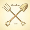 Garden fork and shovel, background in sketch style