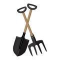 Shovel and pitchfork isolated on white background. Crossed gardening, planting and farming tools. Royalty Free Stock Photo