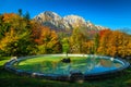 Garden with fountain in Busteni, Prahova valley, Romania, Europe Royalty Free Stock Photo