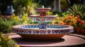 Garden fountain with colorful tiles