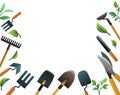 Garden frame. Tools for working in the garden. Crop farmer. Shovels rakes and hoes. Fruit branches and leaves Royalty Free Stock Photo