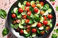 Garden Fresh Delight: Tomato, Cucumber, Onion, Spinach, Lettuce, and Sesame Seeds on a Plate