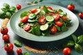 Garden Fresh Delight: Tomato, Cucumber, Onion, Spinach, Lettuce, and Sesame Seeds on a Plate