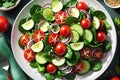 Garden Fresh Delight: Tomato, Cucumber, Onion, Spinach, Lettuce, and Sesame Seeds on a Plate