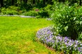 Garden with fresh green grass, flowers, bushes and trees