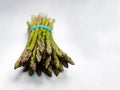 Healthy garden fresh spring asparagus on subtle grey table cloth