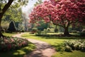 Garden full of greenery, blooming flowers, cherry blossoms, white flowers, path in the middle, Park. Flowering flowers, a symbol Royalty Free Stock Photo