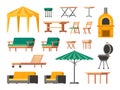 Garden furniture. Cartoon wooden patio chair table and sofa, lounge outdoor terrace icons, backyard umbrella and