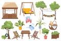 Garden furniture set graphic elements in flat design. Bundle of wooden gazebo, hammock, trees, potted, carafe and glasses, picnic