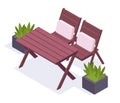 Garden furniture set. Isometric table and chairs, wooden comfortable backyard or terrace furniture 3d vector illustration Royalty Free Stock Photo