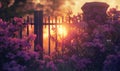 Garden gate at sunset with red roses and sun in the sky Royalty Free Stock Photo