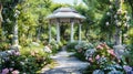 a garden gazebo nestled amidst blooming roses, evoking a sense of peace and tranquility in the enchanting springtime