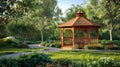 Garden gazebo with wooden architecture surrounded by lush greenery in park setting Royalty Free Stock Photo