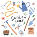Garden gear, gardening tools and supplies for farmers. Watering can, rake and showel, isolated vector illustrations