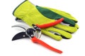 Garden gloves and shear on white isolated background Royalty Free Stock Photo
