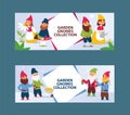 Garden gnome beard dwarf characters cadrs and gardening flayer klitsch family figure background vector illustration