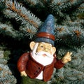 Garden gnome in fir forest makes peace sign