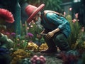 Garden gnome with a scythe and flowers in the garden. AI Generated