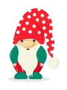 Garden gnome statue. Dwarf vector. Christmas, Santa`s fairy helper illustration. Gnome with beard in cartoon style