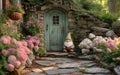 Garden Gnome by Stone Cottage Door with Pink Hydrangeas Royalty Free Stock Photo