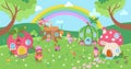 Garden gnome village in forest, woodland fairy lady and dwarf on meadow. Fantasy houses and rainbow, cartoon magic tale
